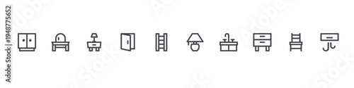 set of 10 thin line home furniture icons such as wardrobe, dresser, night stand, door open, ladder, lamp, sink, cabinet drawer, chair, air conditioner. editable stroke vector illustration isolated