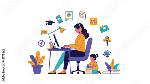 Multitasking mother wearing headphones works on a computer at her desk while her young daughter plays with books on the floor.