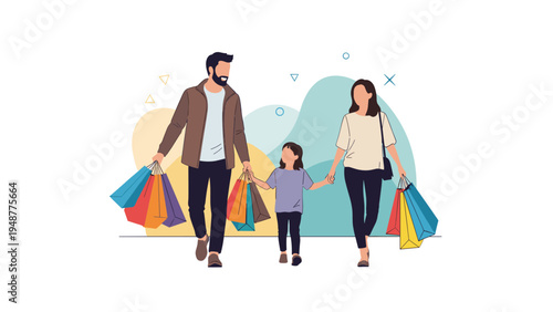 Happy family of three walking forward with numerous colorful shopping bags after a successful day of retail therapy together.