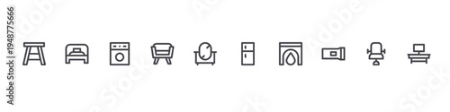 set of 10 thin line home furniture icons such as wooden chair, single bed, washing hine, seat, mirror, refrigerator, fireplace, flashlight, chair, tv table. editable stroke vector illustration