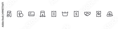 set of 10 thin line marketplace icons such as pants, money, card, pants, bill, crown, bill, hand, payment, payment. editable stroke vector illustration isolated on white