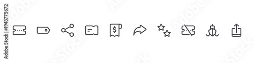 set of 10 thin line marketplace icons such as voucher, tag, share, ticket, receipt, share, favorite, voucher, ship, upload. editable stroke vector illustration isolated on white