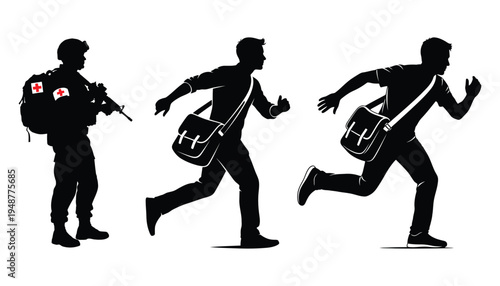 Battlefield Medic Silhouette Assisting Fleeing Civilians