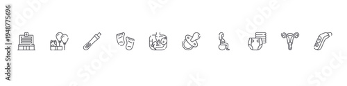 set of 10 thin line maternity icons such as hospital, baby shower, pregnancy test, feet, breastfeeding, pacifier, sport, diaper, fallopian tubes, thermometer. editable stroke vector illustration