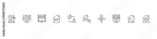 set of 10 thin line smarthome icons such as wind turbine, energy, garage, sound control, smarthome, home control, leak, timer, sleep mode, tings. editable stroke vector illustration isolated on
