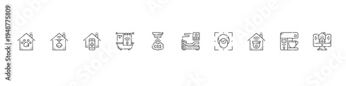 set of 10 thin line smarthome icons such as pet care, light control, control, bathroom, sensor, hospital bed, face recognition, surveillance, coffee hine, home control. editable stroke vector