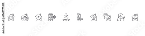 set of 10 thin line smarthome icons such as light control, smarthome, protection, home security, watering, door knob, cloud, solar cell, kettle, health. editable stroke vector illustration isolated