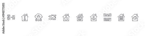 set of 10 thin line smarthome icons such as music control, temperature control, cloud, air quality, timer,, monitor, kitchen, password, dashboard. editable stroke vector illustration isolated on