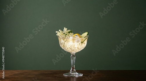 Refreshing gin cocktail with elderflower and cucumber served in a crystal coupe glass on a wooden table with dark green background and copy space for design