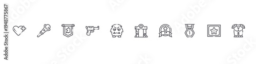 set of 10 thin line videogame elements icons such as life, joystick, banner, weapon, enemy, gate, bonus, medal, star, armour. editable stroke vector illustration isolated on white