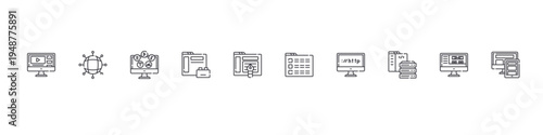 set of 10 thin line web development icons such as video, networking, content, plugin, de, menu, website, server, front end, responsive de. editable stroke vector illustration isolated on white