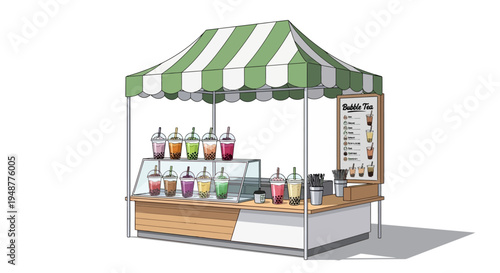 Bubble Tea Stand with Colorful Drinks and Menu Board