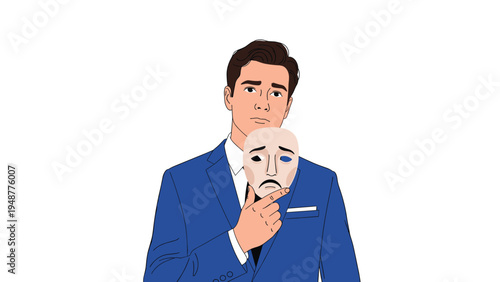 Business professional wearing a blue suit holding a sad theatrical mask to conceal his true emotions and feelings.