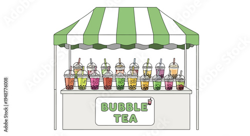 Bubble Tea Stand with Colorful Drinks and Striped Awning