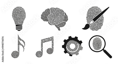 Creative Mindset Icons: Fingerprint Art, Music, Gear, Lightbulb, Brain, Magnifying Glass
