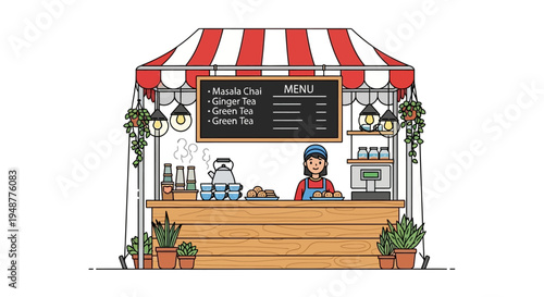 Cozy Street Food Stall Selling Hot Drinks, Featuring a Menu Board and Friendly Barista
