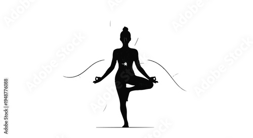 Minimalist black silhouette illustration of a woman gracefully performing a yoga tree pose, embodying balance, meditation, and inner peace with flowing abstract lines