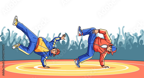 Dynamic Breakdance Duo Battle on Stage with Crowd Cheering