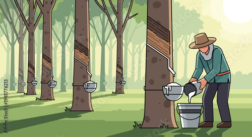 Rubber Tapper Collecting Latex from Rubber Trees in Plantation