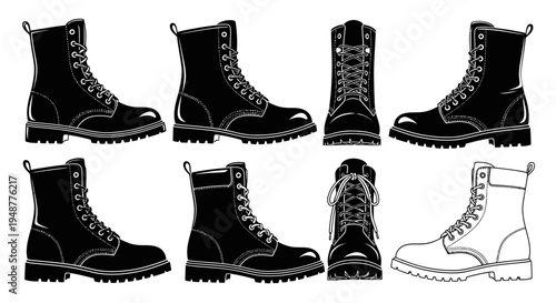 Set of Black and White Combat Boots: Multiple Views, Lace-up, High-Top, Fashion Footwear