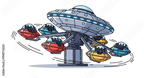 Retro UFO Spinner Ride at Amusement Park - Vintage Sci-Fi Fun
