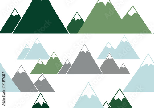 Seamless pattern of stylized mountains in various shades of green, gray, and blue