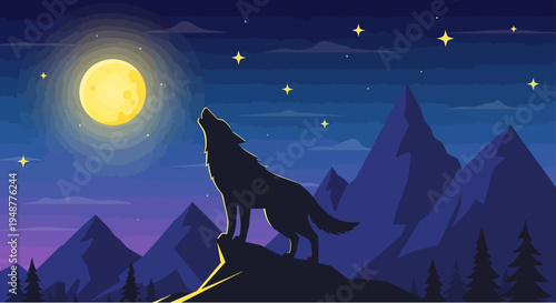 Silhouette of a wolf howling at a full moon on a mountain peak under a starry night sky