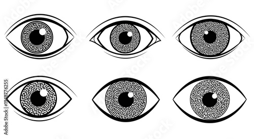Six Stylized Eyes with Maze Pupils, Black and White, Graphic Design