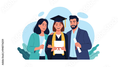 Proud parents celebrating with their daughter during her university graduation ceremony while holding their diplomas.
