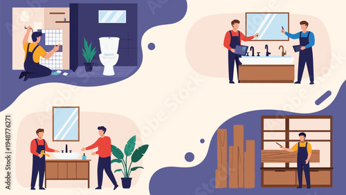 Set of home renovation illustrations showing professional workers performing plumbing, tiling, and carpentry tasks.