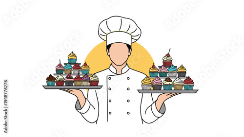 Professional pastry chef dressed in white uniform holding two trays filled with various decorated sweet cupcakes.