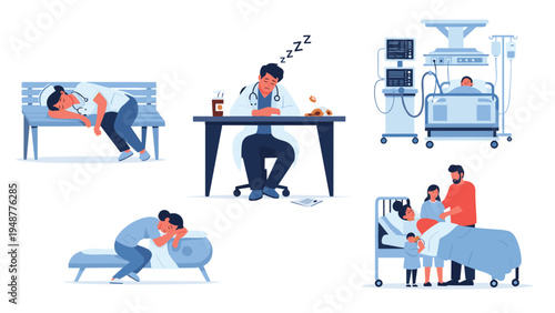 Set of illustrations showing exhausted hospital staff resting and patients receiving medical care in clinical beds.