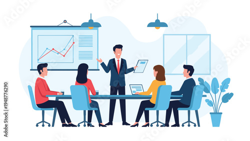 Confident businessman leading a corporate meeting and presenting data charts to his colleagues in a modern office.