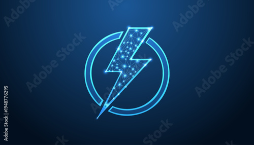 Futuristic low poly lightning bolt icon made of glowing blue digital connections inside a circular frame on dark background representing power energy technology and electric speed.