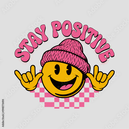 Stay positive smiley face graphic with pink beanie hand gesture and retro checkerboard detail for uplifting sticker t shirt print poster or apparel design with cheerful y2k inspired vibes
