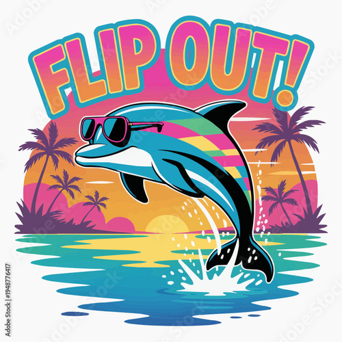 Flip out retro dolphin illustration with sunset palm trees and ocean splash for summer beach party t shirt print sticker poster surf theme vacation apparel and tropical fun beachwear graphic