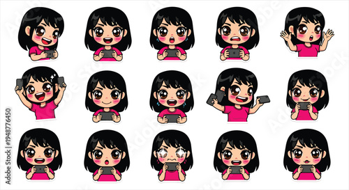 Cute Gamer Girl Character Emote Sticker Set, Cartoon Gaming Avatar Emoji Pack, Streaming Reaction Icons for Twitch Discord Vector