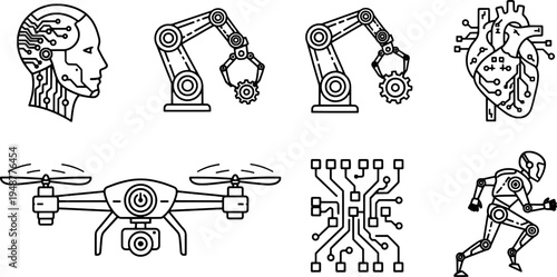 Clean outline industrial automation and humanoid robot symbols collection, "Created with AI assistance and manually refined."