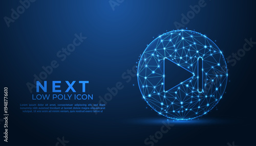 Futuristic low poly next button icon made of glowing blue digital connections and polygonal mesh on dark background for technology, media player, and UI design concepts.