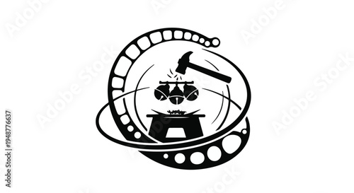 Industrial forge hammer striking metal objects on an anvil within a circular framework