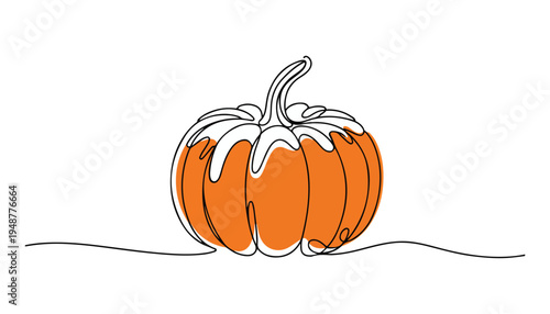 One continuous line illustration of an Pumpkin vegetable , isolated on white background.