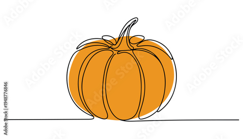 One continuous line illustration of an Pumpkin vegetable , isolated on white background.
