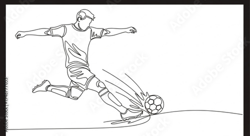 Soccer player kicking ball line art illustration.