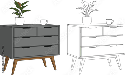 Stylized vector illustration of mid-century modern dresser with potted plant and coffee mug in both colored and line-drawn versions for furniture design themes