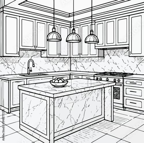 Detailed line drawing illustrating the elegant design of a modern kitchen interior, complete with a central island, stylish cabinetry, and contemporary appliances.