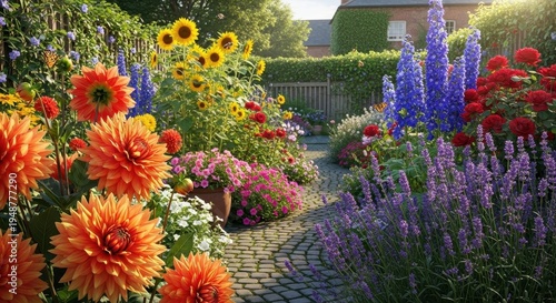 Vibrant garden path with colorful flowers in full bloom.