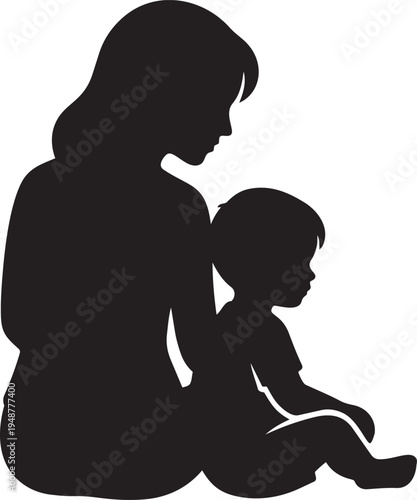 Mother and Child Sitting Back to Back Minimal Vector Silhouette Family Bond Illustration
