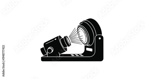 Dynamic black graphic icon of a stage spotlight, intensely projecting a focused beam of light. Essential vector symbol for theater, performance events, film production, and artistic presentations