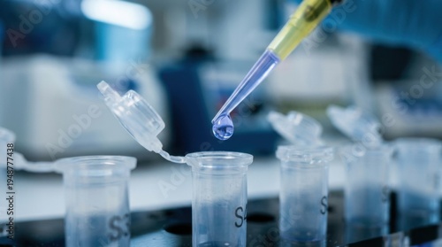 Close up of laboratory researcher carefully dispensing liquid sample into test tube with pipette