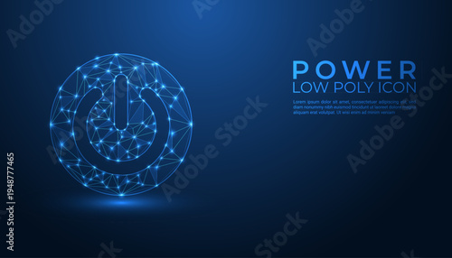 Futuristic low poly power button icon with glowing blue polygonal mesh and grainy dark background representing technology startup control energy and digital innovation design.
